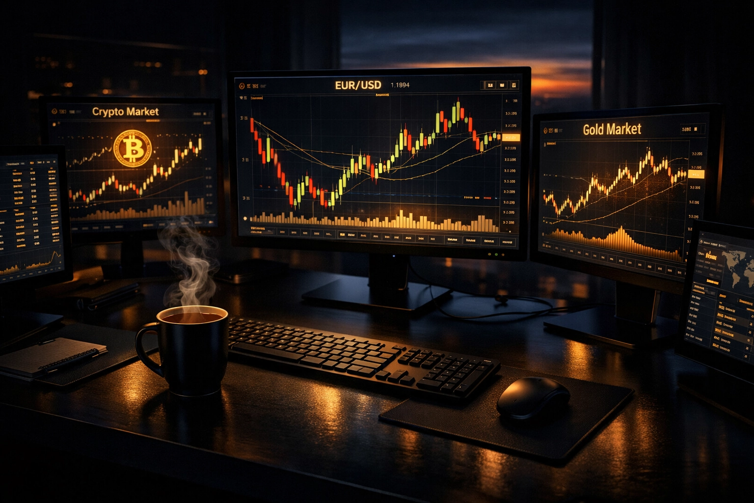 Trading desk with multiple monitors displaying forex, crypto, and gold charts beside morning coffee
