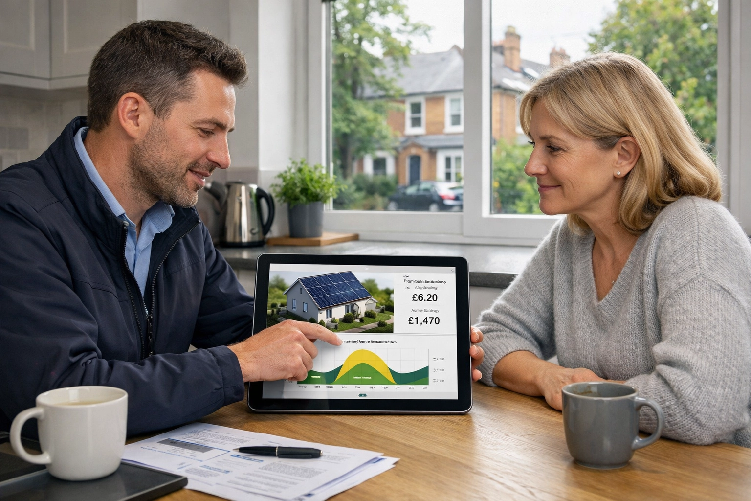 Professional solar energy consultant showing a 3D system design and savings forecast to a UK homeowner.