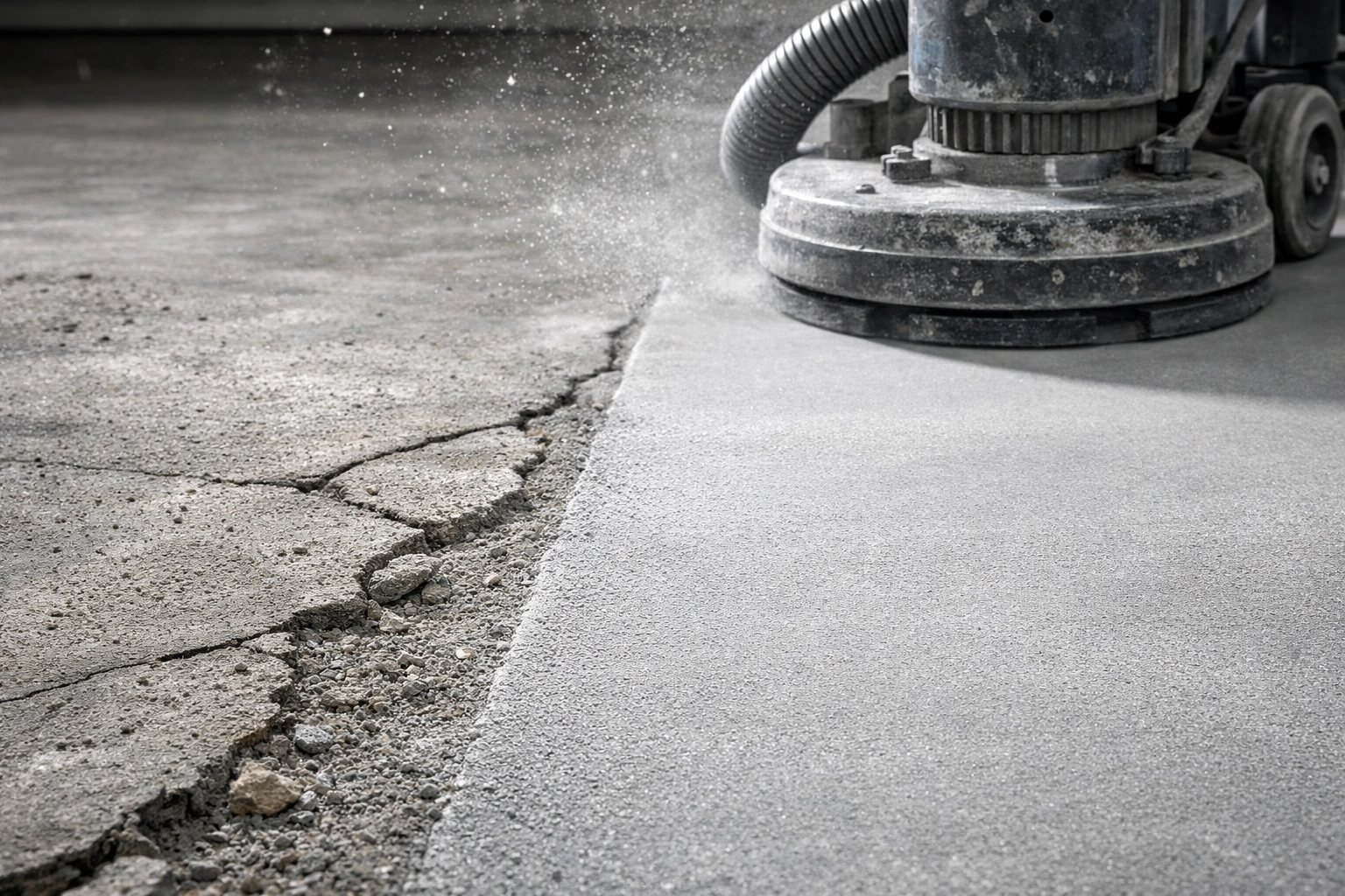 Concrete garage floor preparation work showing crack repair before polyaspartic coating