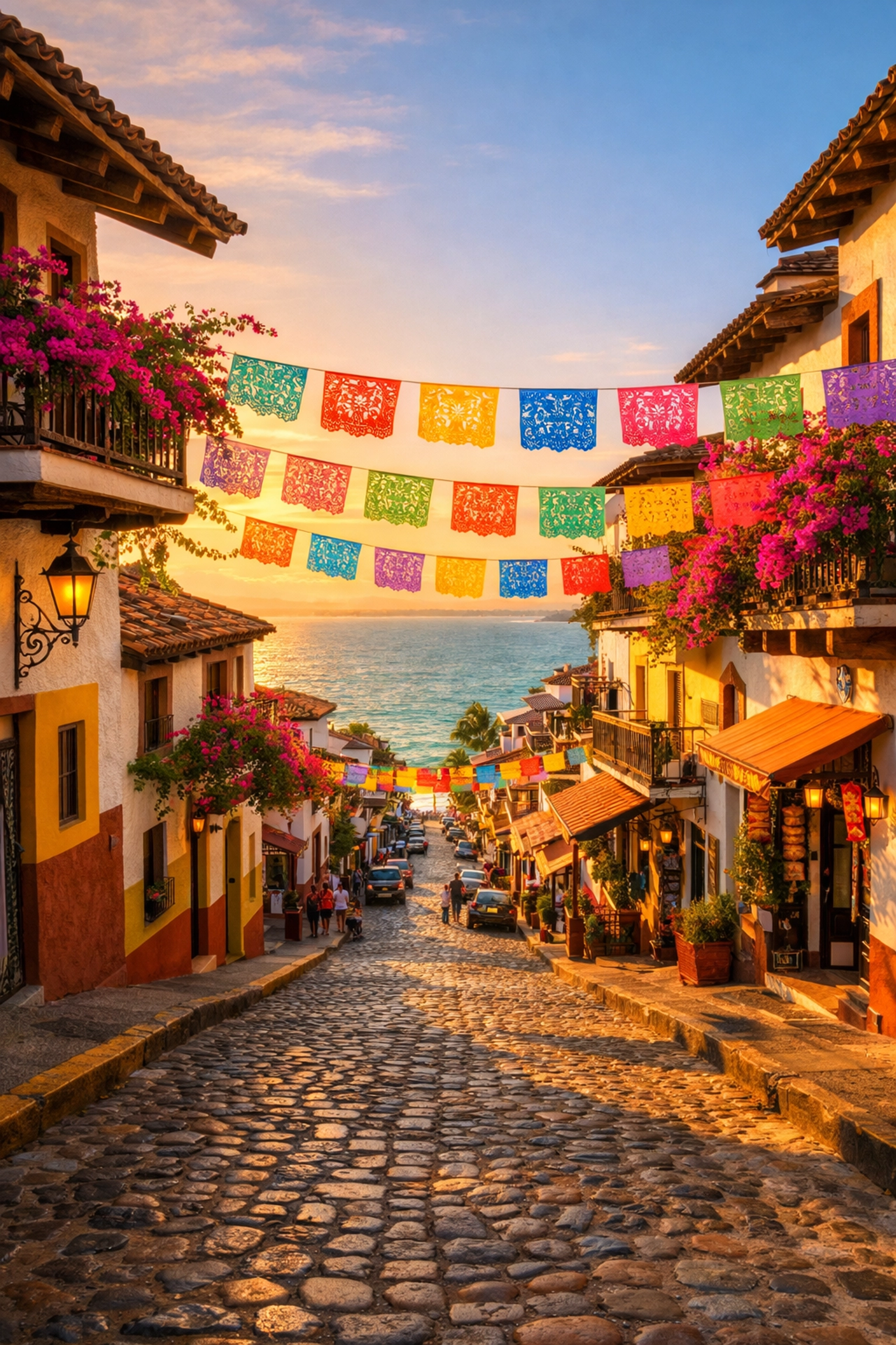 Sunset view of a charming Old Town street near condo rentals in Puerto Vallarta, Mexico.