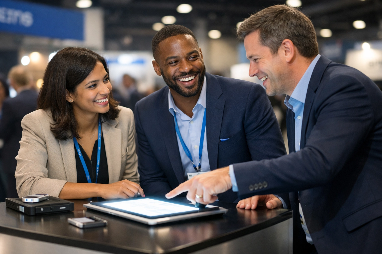 Professional event photography Miami showcasing candid business engagement at a corporate trade show.