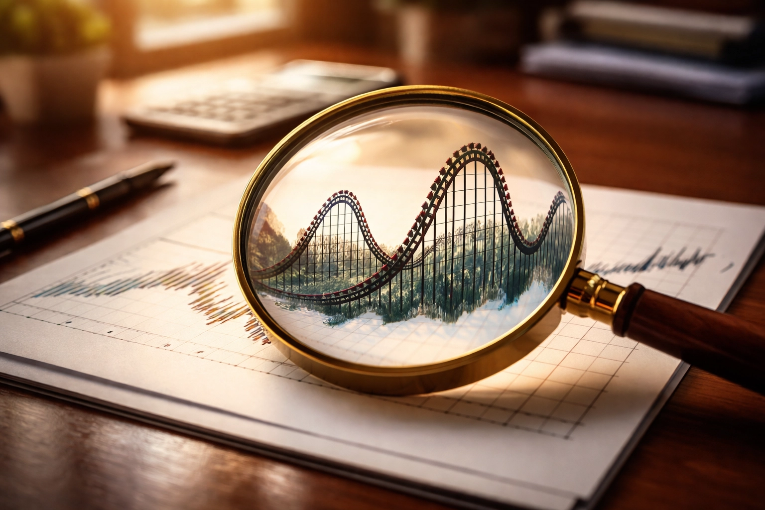 Magnifying glass over volatile financial chart highlights need for careful hedge fund analysis
