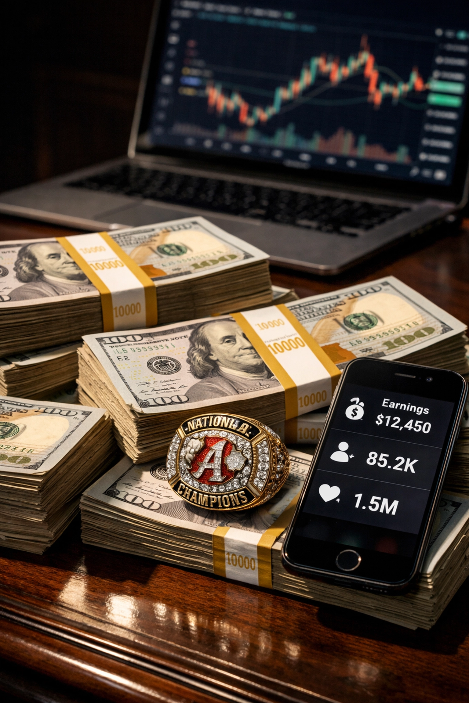 Cash earnings and championship ring showing financial impact of NIL deals for college athletes