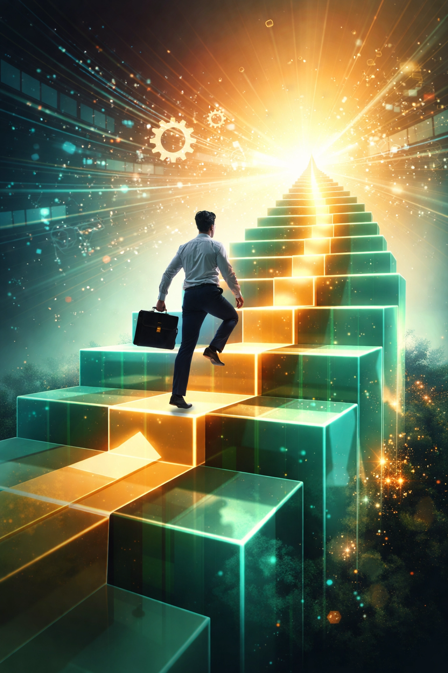Entrepreneur climbs glowing steps toward opportunity, symbolizing business growth and unique funding solutions.