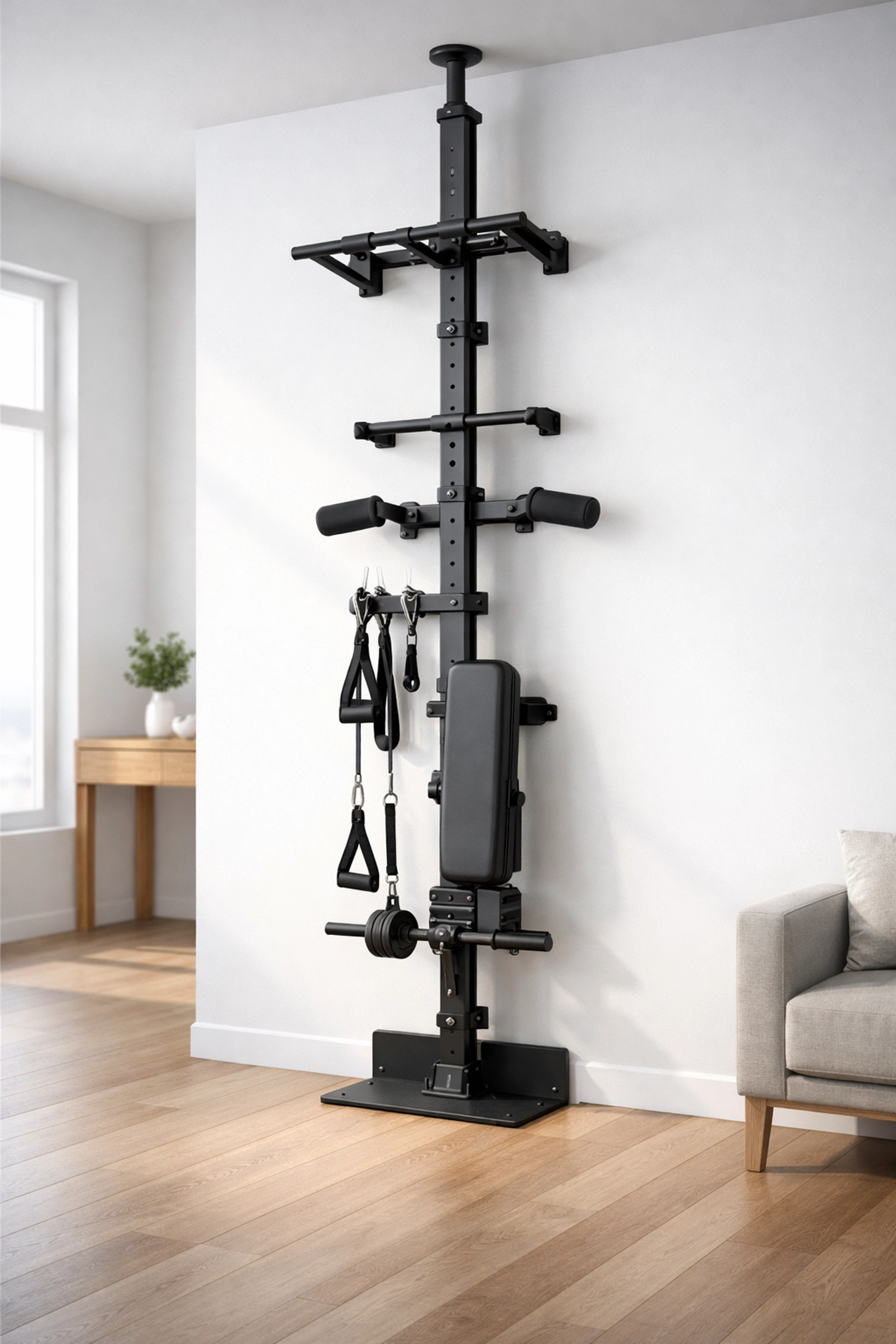 Floor-to-ceiling tension gym system in apartment with undamaged walls and adjustable heights