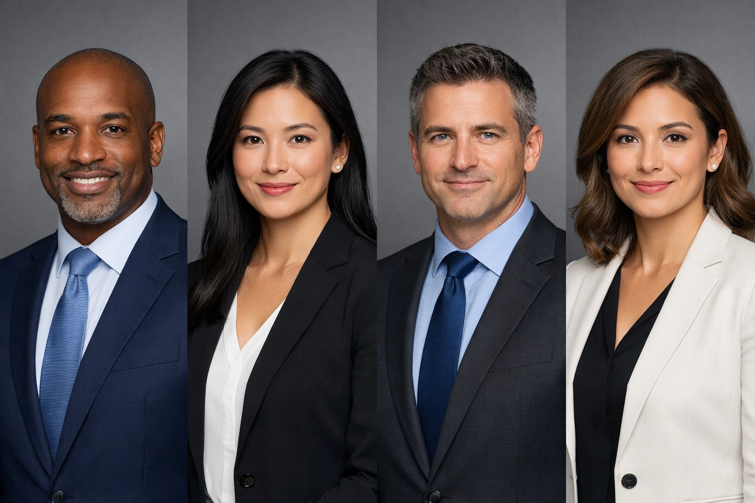 Diverse team with consistent professional corporate headshots for a high-quality company profile.