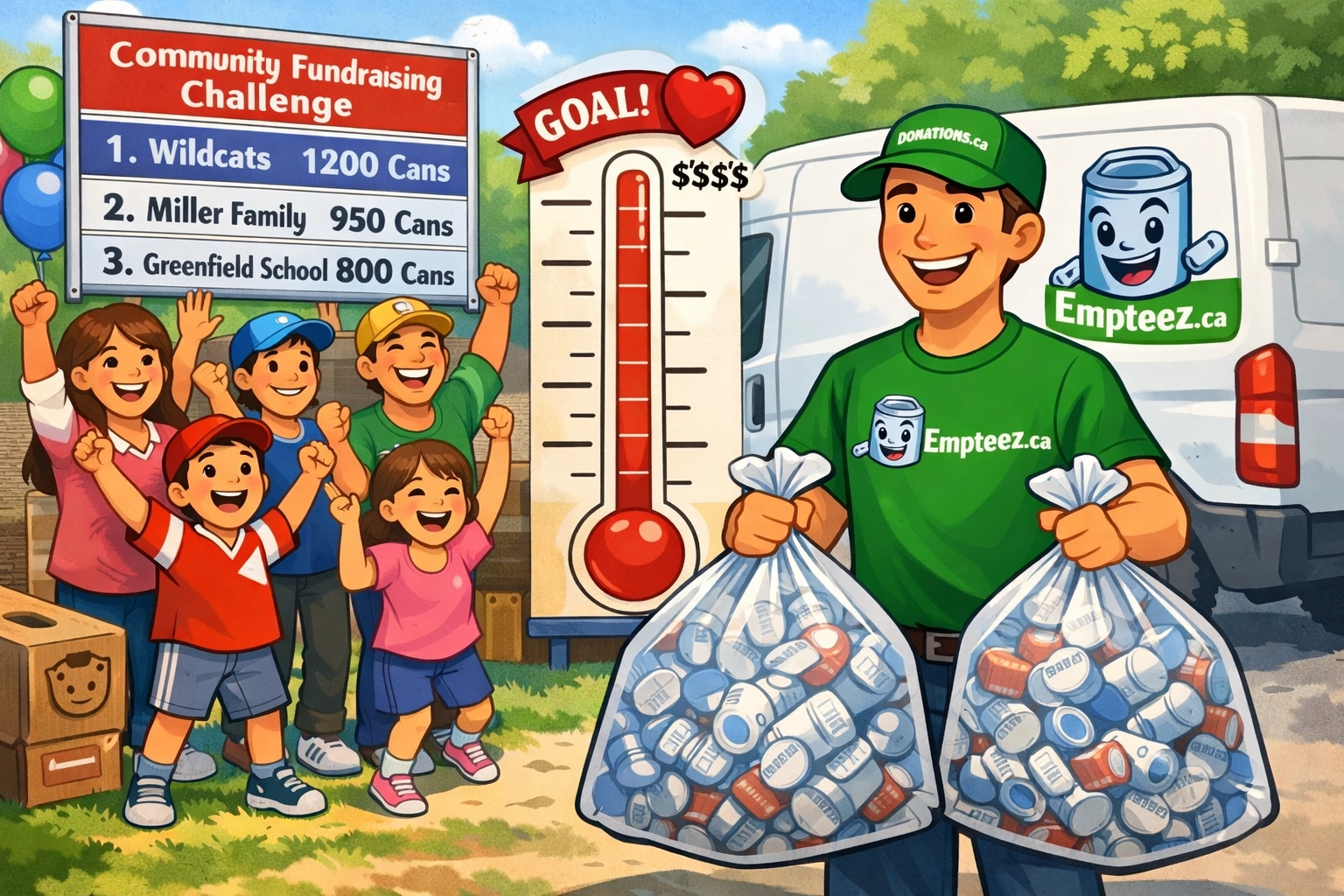 Community impact: families and teams using Empteez.ca to turn aluminum cans into fundraising wins