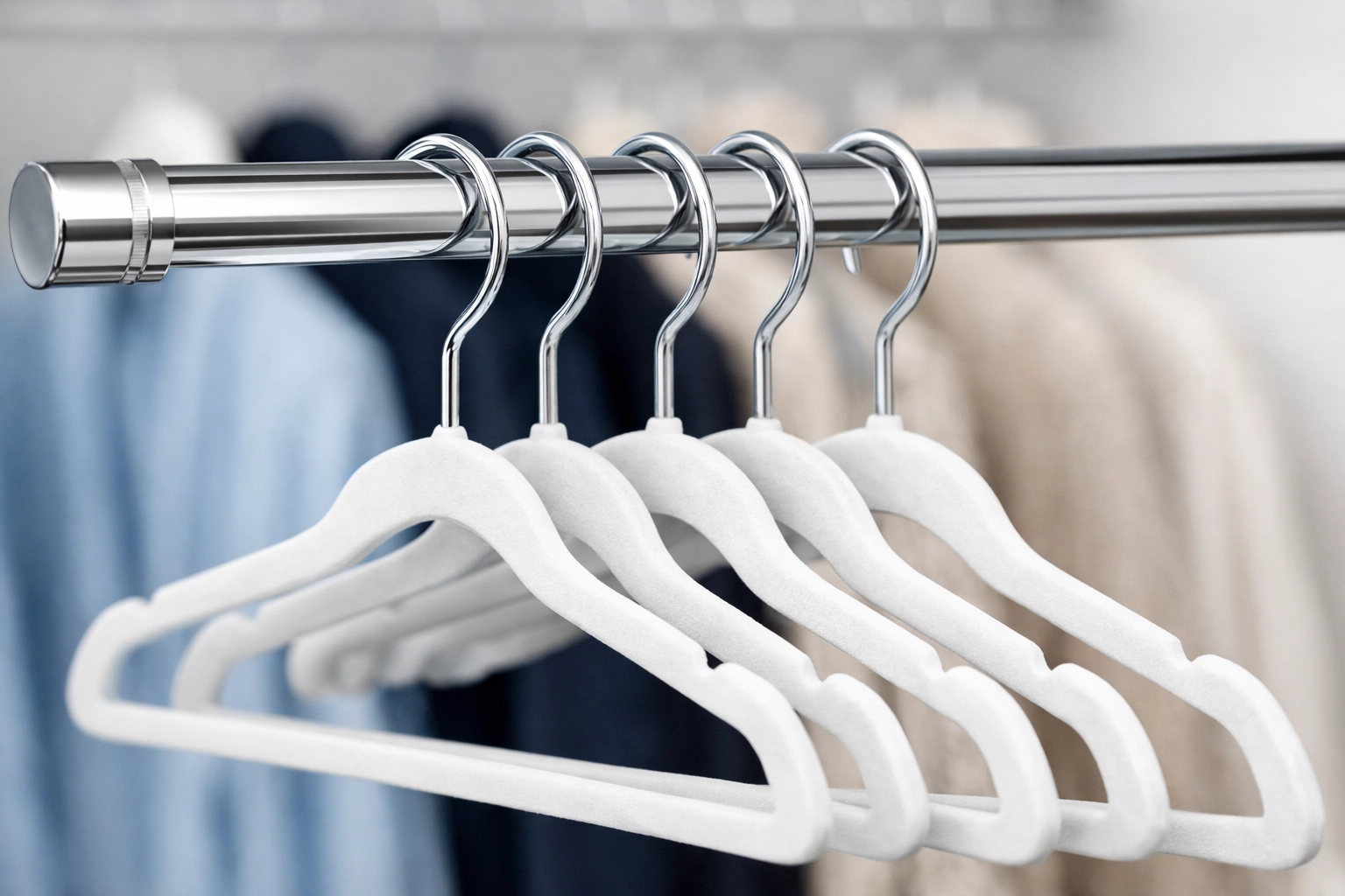 Close-up of closet hangers demonstrating the hanger trick for identifying unworn clothes.