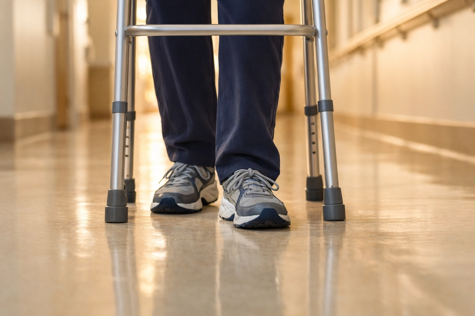 Person using a walker in a decluttered hallway wearing supportive non-slip footwear.