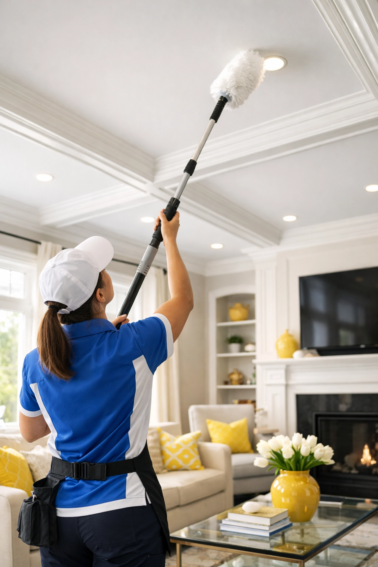 Professional cleaning expert dusting high ceiling fixtures during a deep cleaning in Reading MA.
