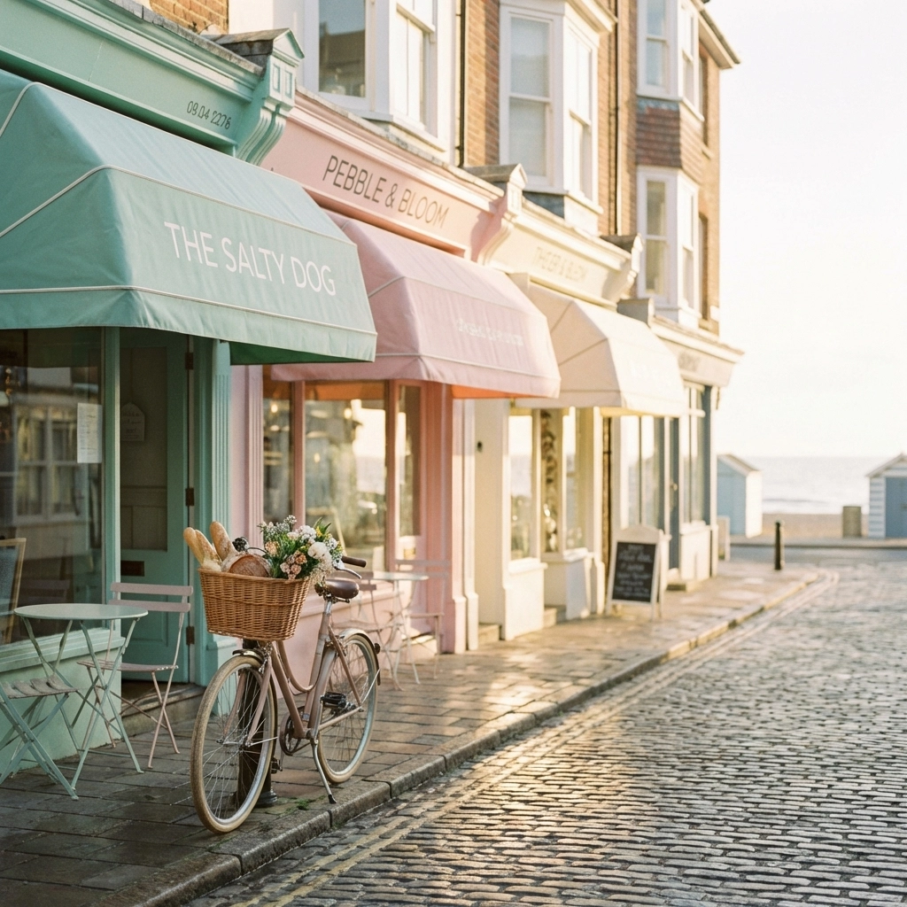 Charming Felixstowe high street with cozy bakery cafes and pastel awnings on a sunny morning
