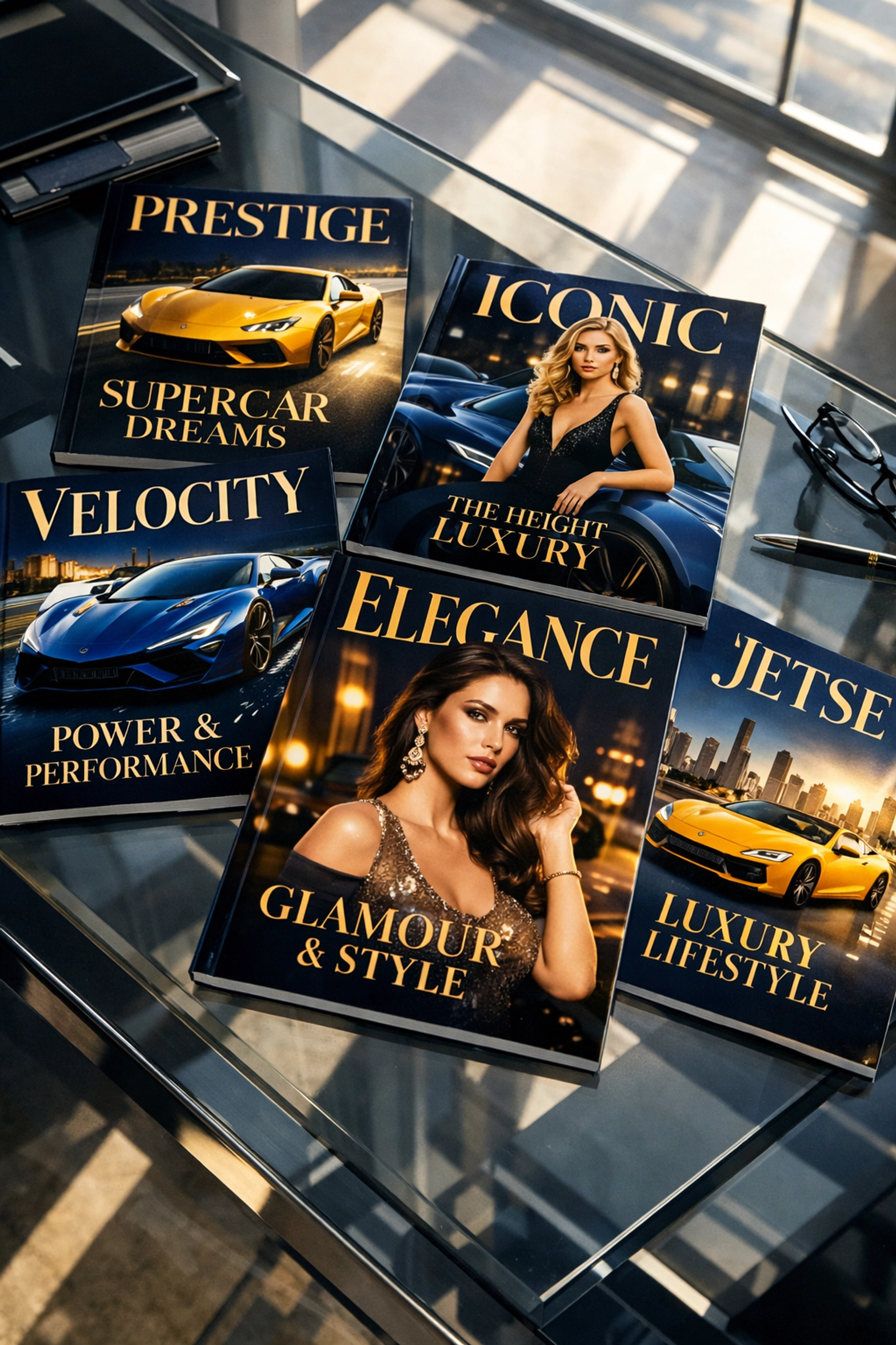 Bespoke luxury magazine covers with elegant editorial design and high-end typography on a modern desk.