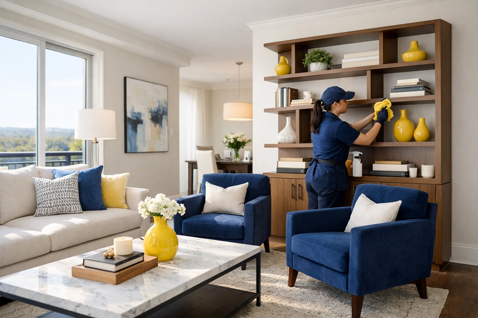 Professional cleaner in navy uniform dusting a bookshelf in a modern Leominster apartment.