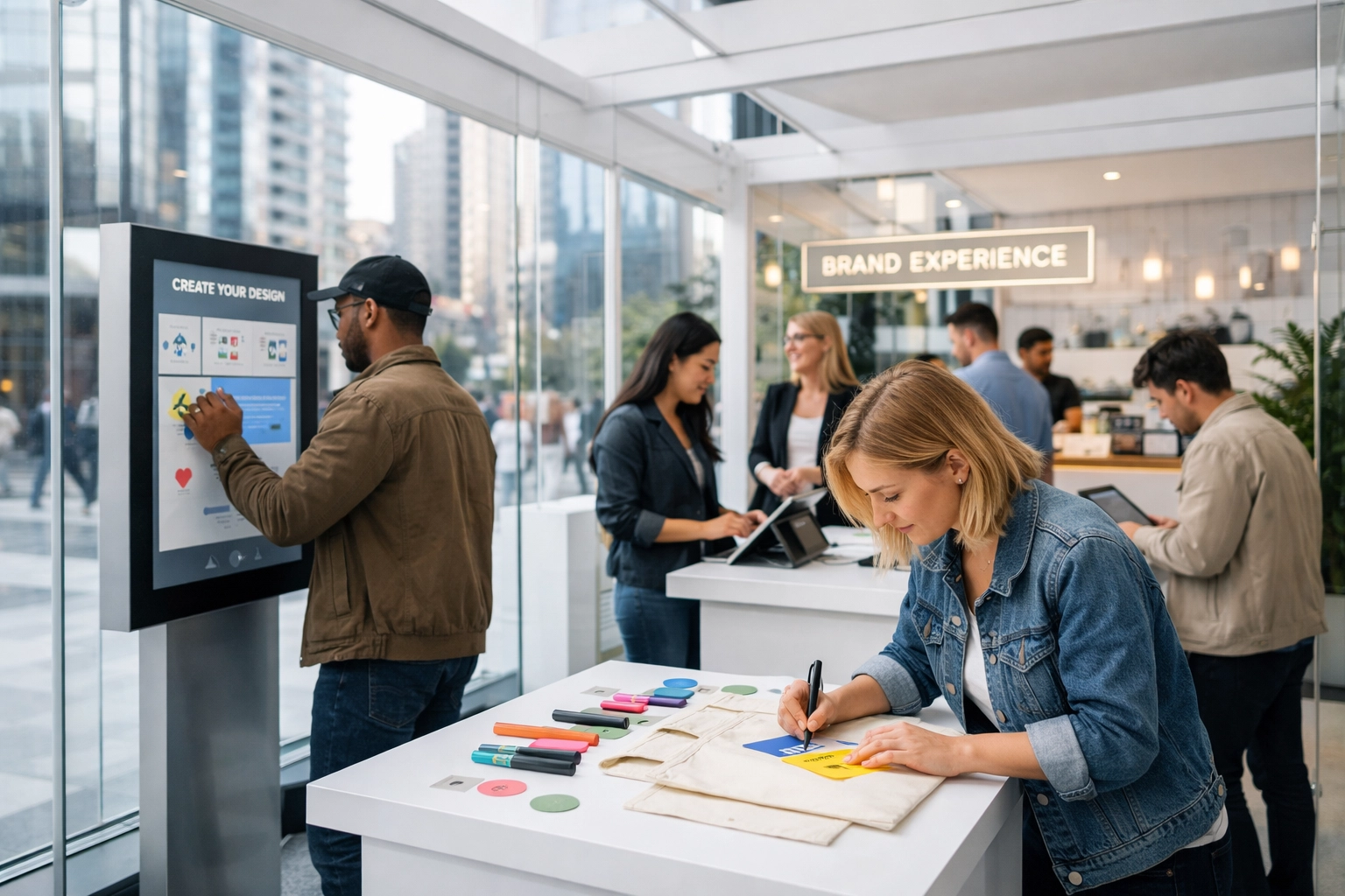 Modern brand activation pop-up with interactive stations during Super Bowl 2026