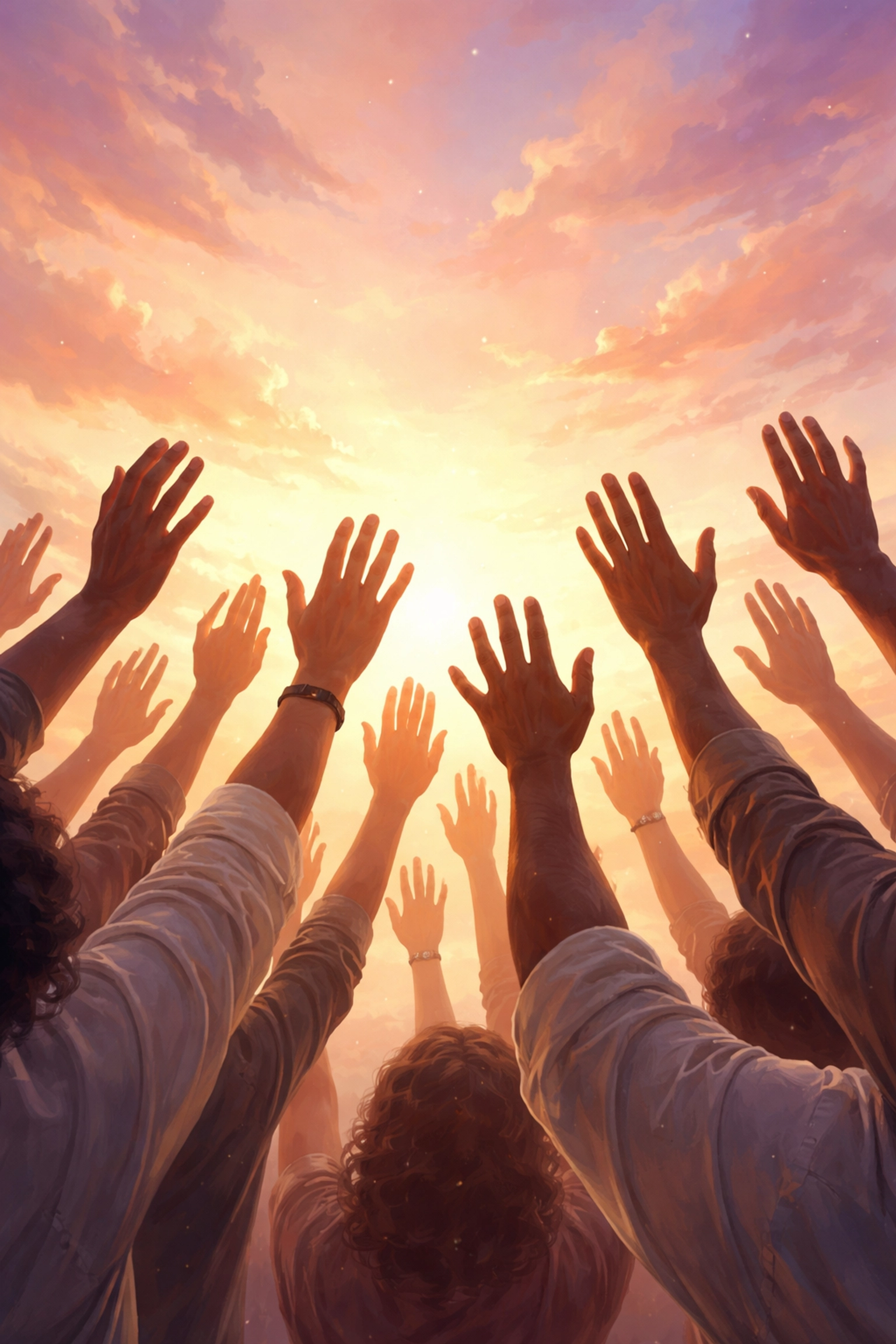 Diverse hands reaching up in unity at sunset, symbolizing community, spiritual hope, and Christian fellowship.