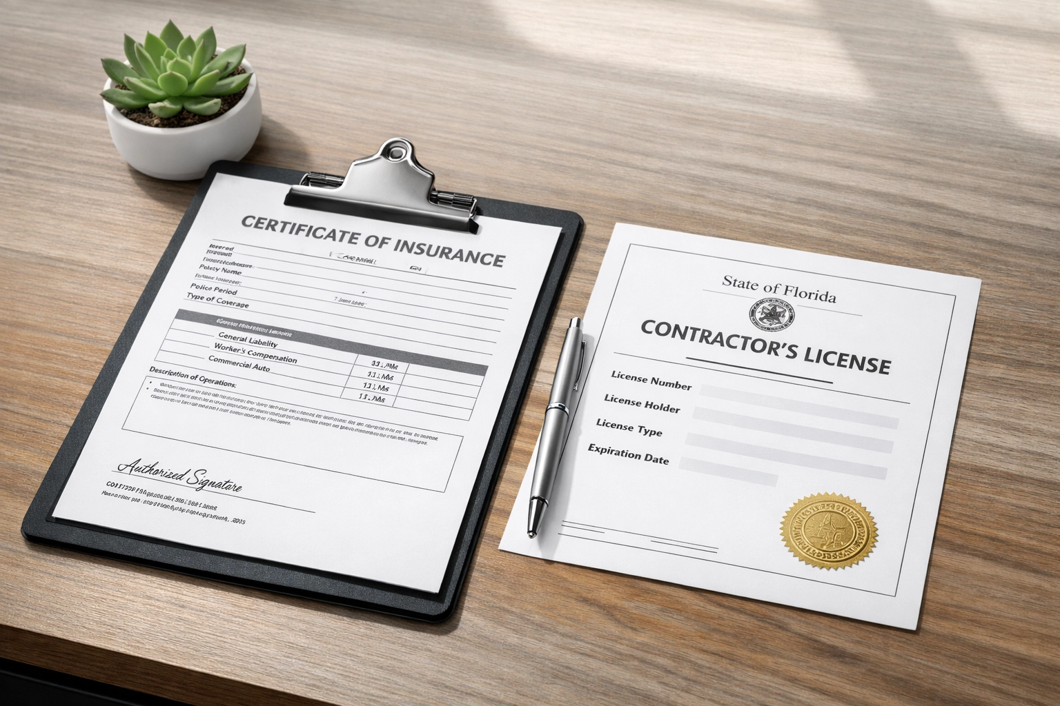 Florida contractor licensing and insurance documents for Orlando remodeling verification