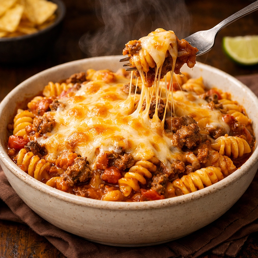 Cheesy 5-ingredient taco pasta with rotini and beef, a perfect easy weeknight dinner for families.