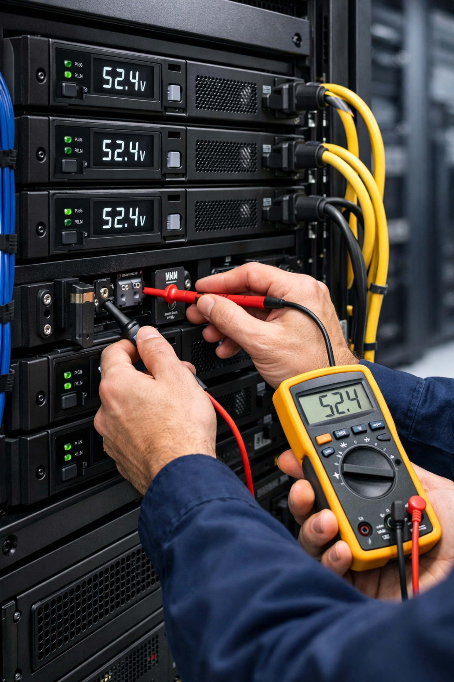 Modular UPS battery system installation with rack-mounted backup power modules in data center