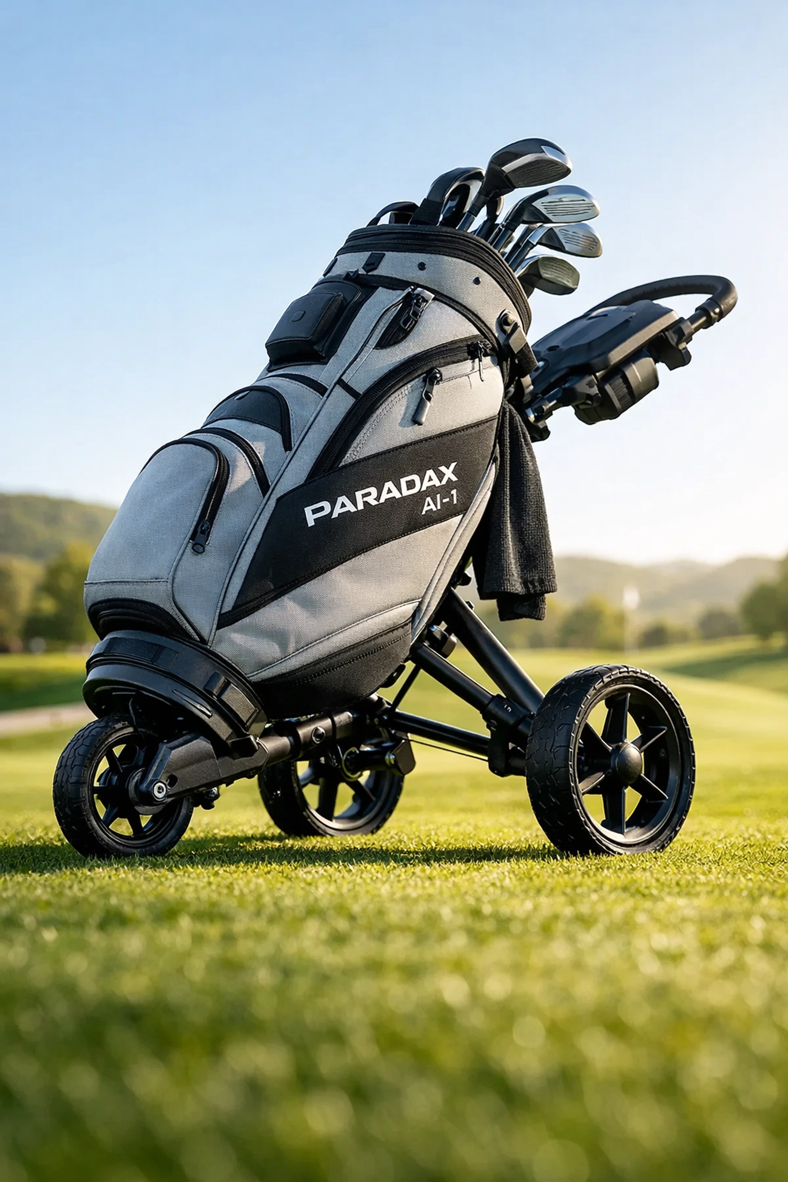PARADAX AI-1 all in one push golf bag with wheels deployed on a green fairway, showing its foldable design.