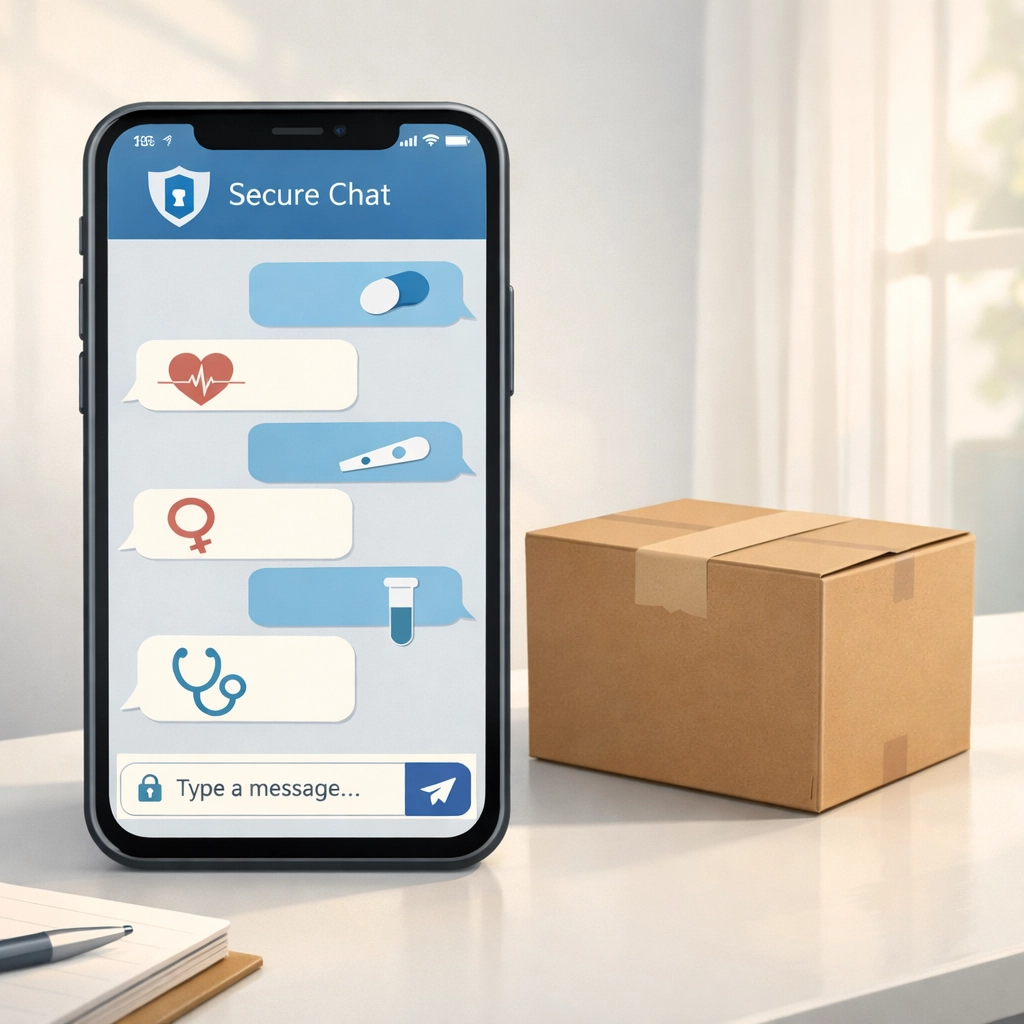 Online birth control prescription with discreet packaging and secure telehealth chat interface