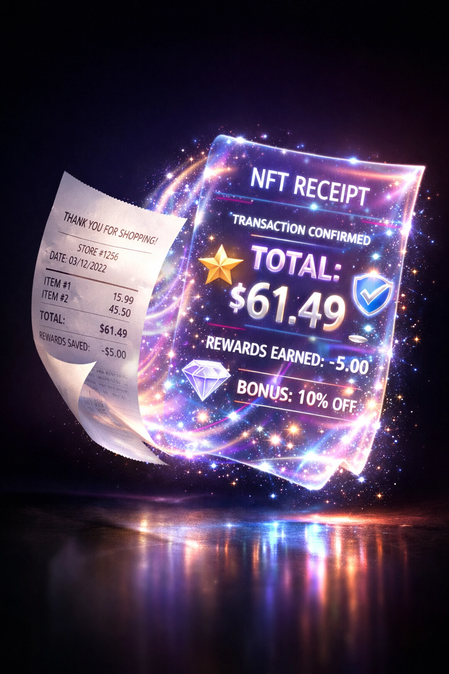 Paper receipt transforming into NFT blockchain receipt with embedded loyalty rewards