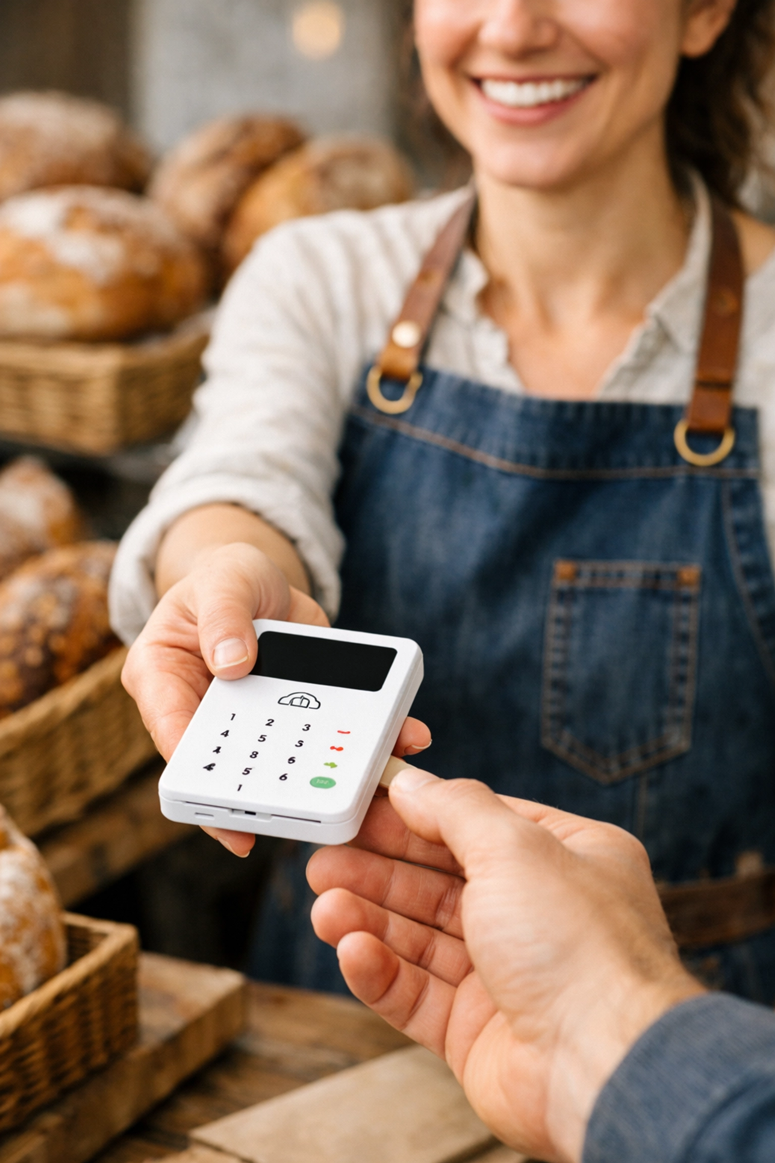 A SumUp POS handheld card reader being used at a rustic artisan bakery stall.
