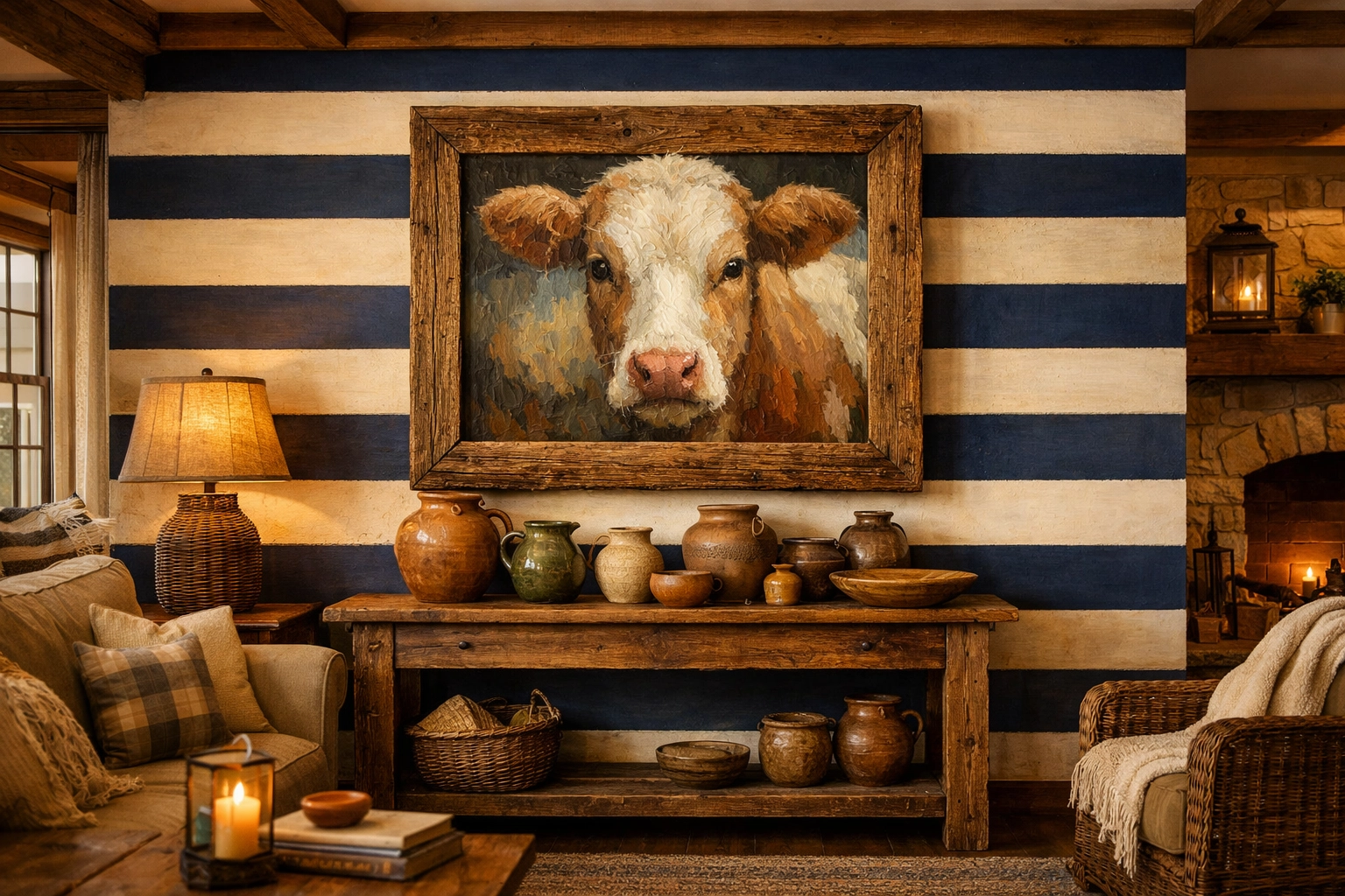 Artisan cow painting on a navy and white horizontal striped wall in a rustic farmhouse living room.
