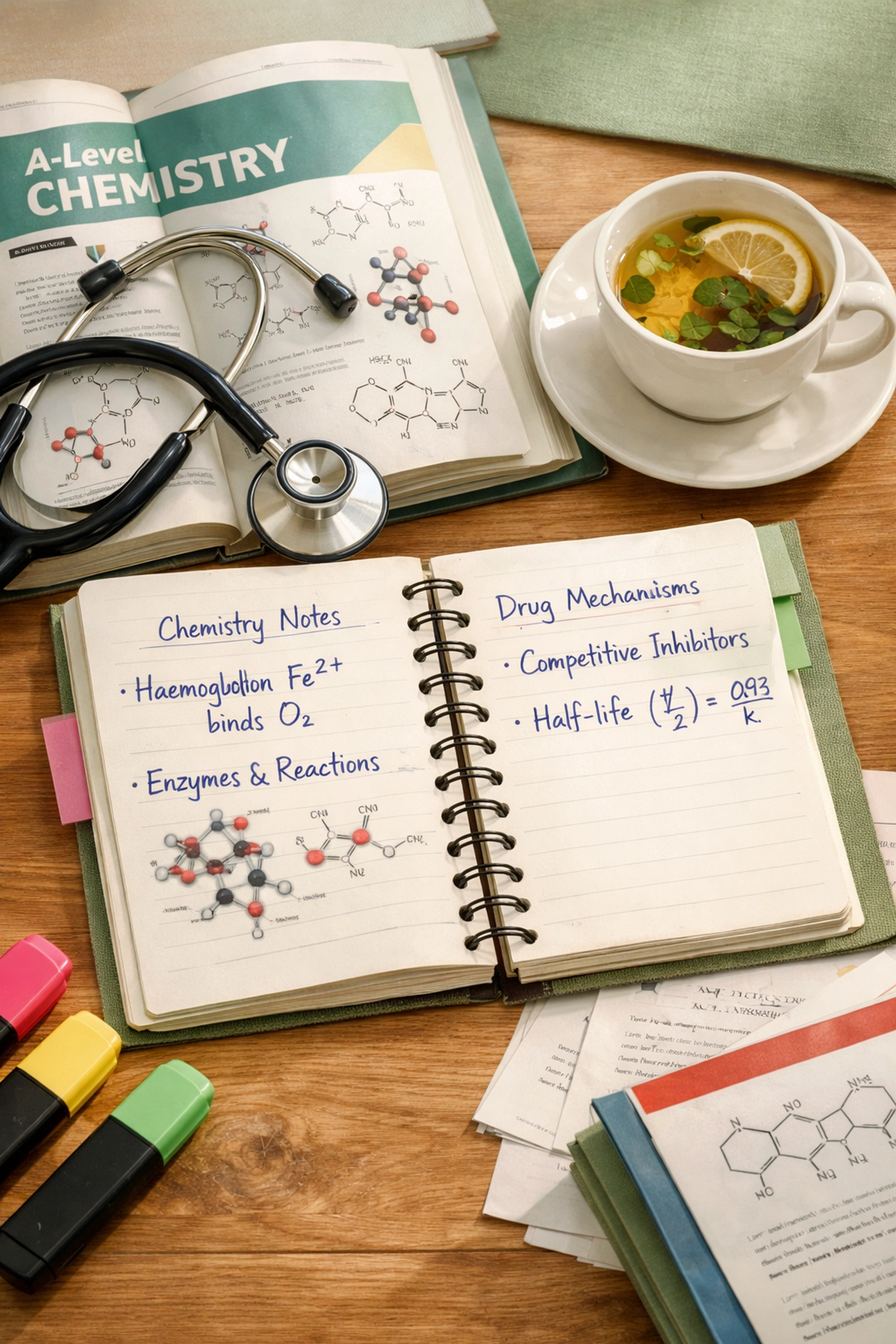 Medical school application workspace with chemistry notes and stethoscope on desk