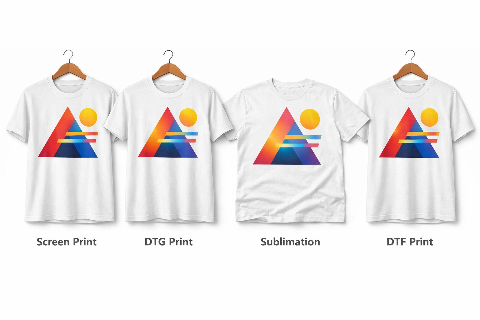 Four custom t-shirts showing different printing methods: screen print, DTG, sublimation, and DTF