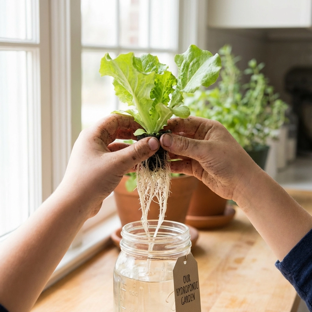 Child holding lettuce with roots over a jar, demonstrating kids' hydroponics on a sunny kitchen windowsill