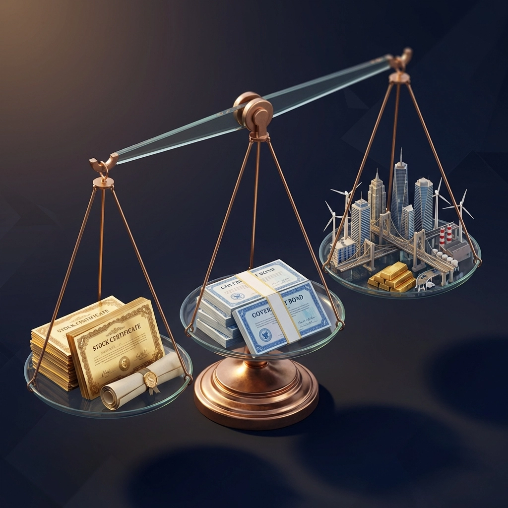 Balanced scale showing stocks, bonds, and alternative investments illustrates true portfolio diversification strategy.