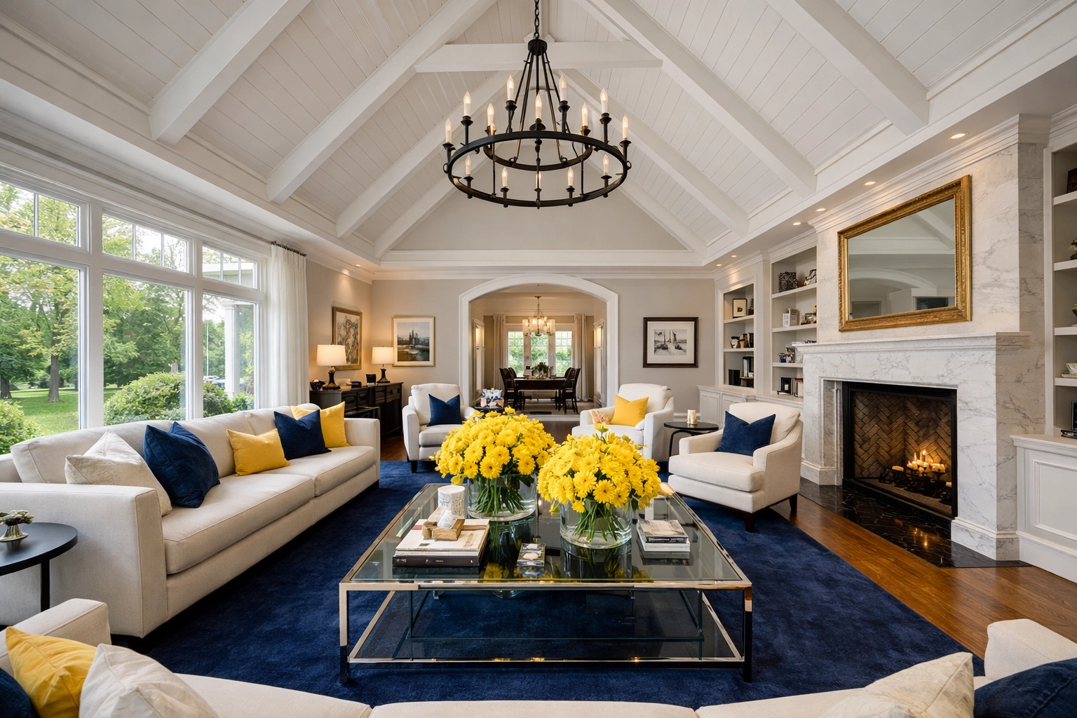 A perfectly maintained luxury living room in Chestnut Hill showing professional house cleaning Newton MA.