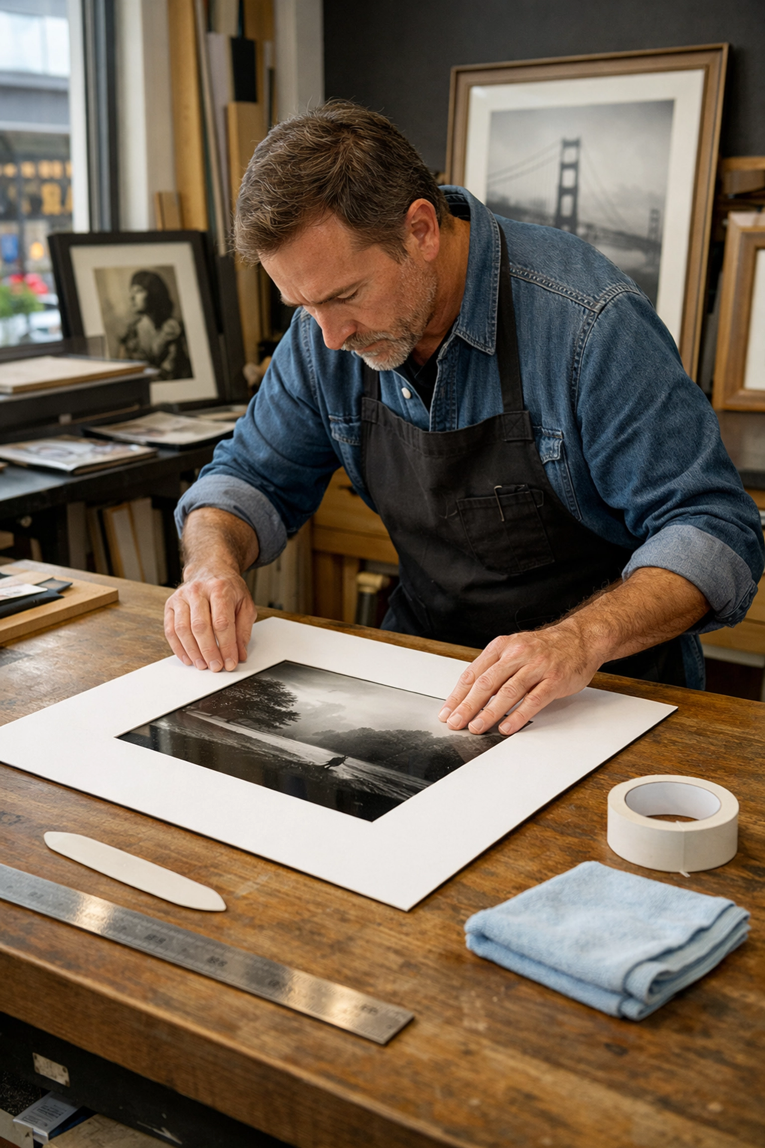 A professional framer preparing an archival print with acid-free matting for long-term preservation.