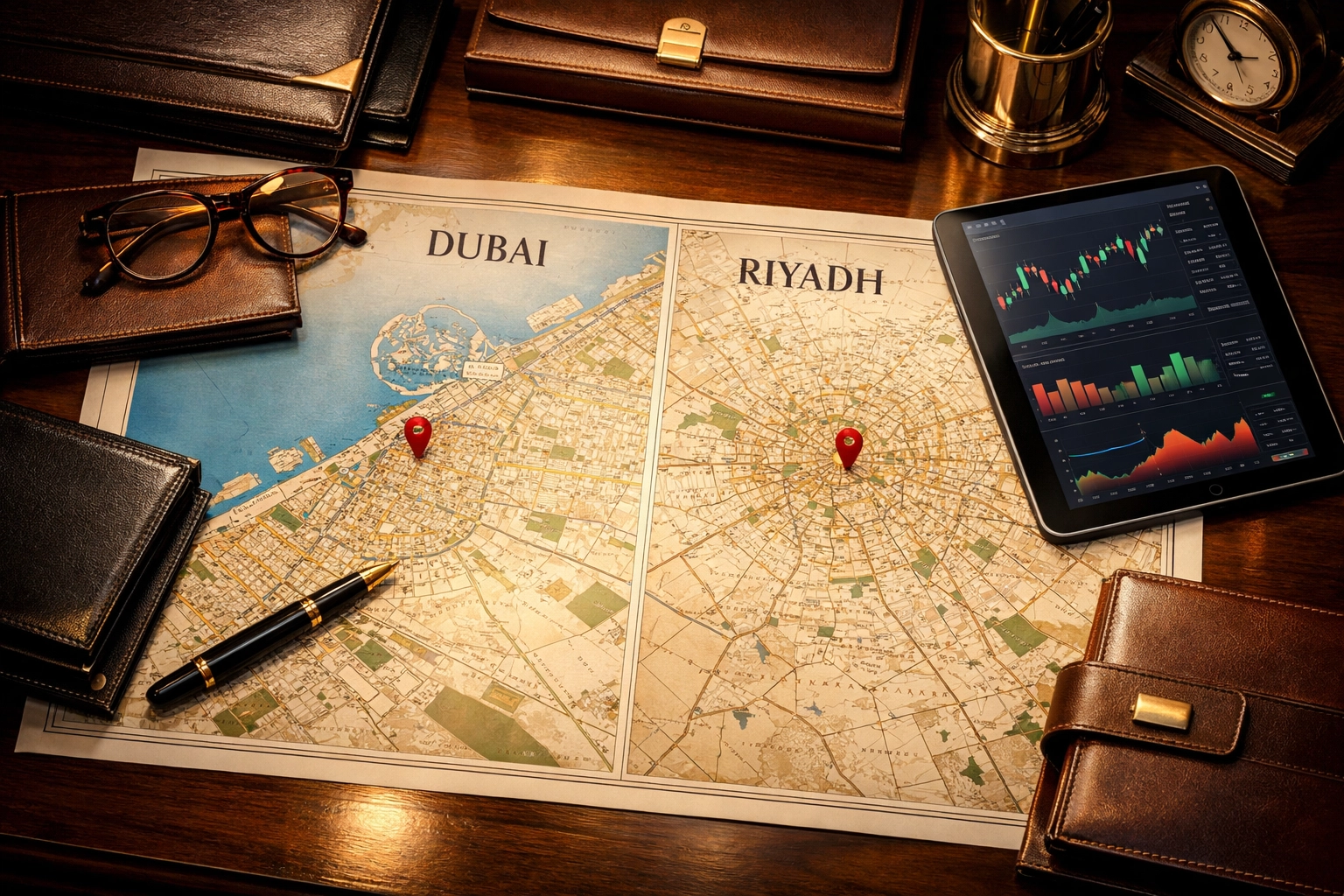 Strategic planning desk with Dubai and Riyadh maps for raising growth capital in Saudi Arabia and UAE