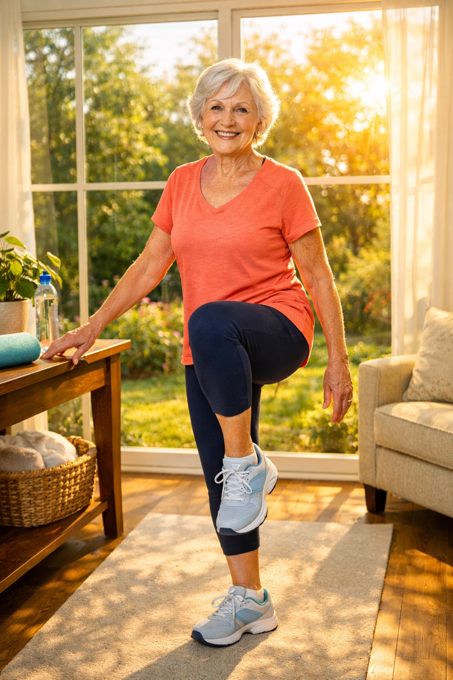 An elderly woman in supportive shoes practicing balance exercises to stay strong and prevent falls at home.