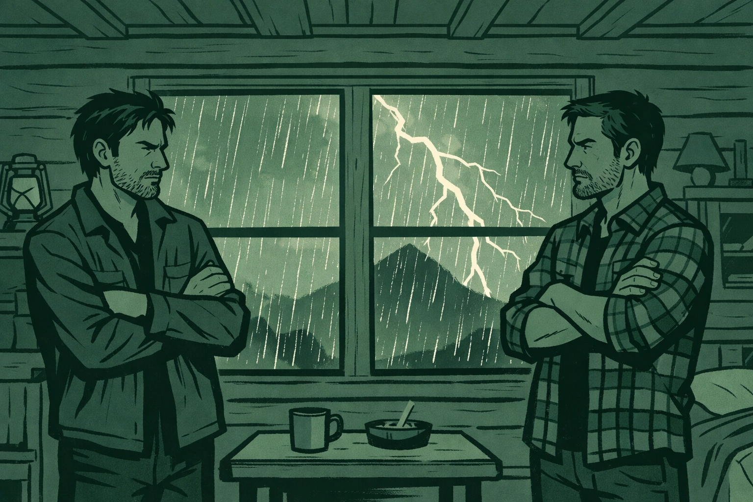 Estranged gay and bisexual brothers facing off in mountain cabin during thunderstorm in MM fiction story