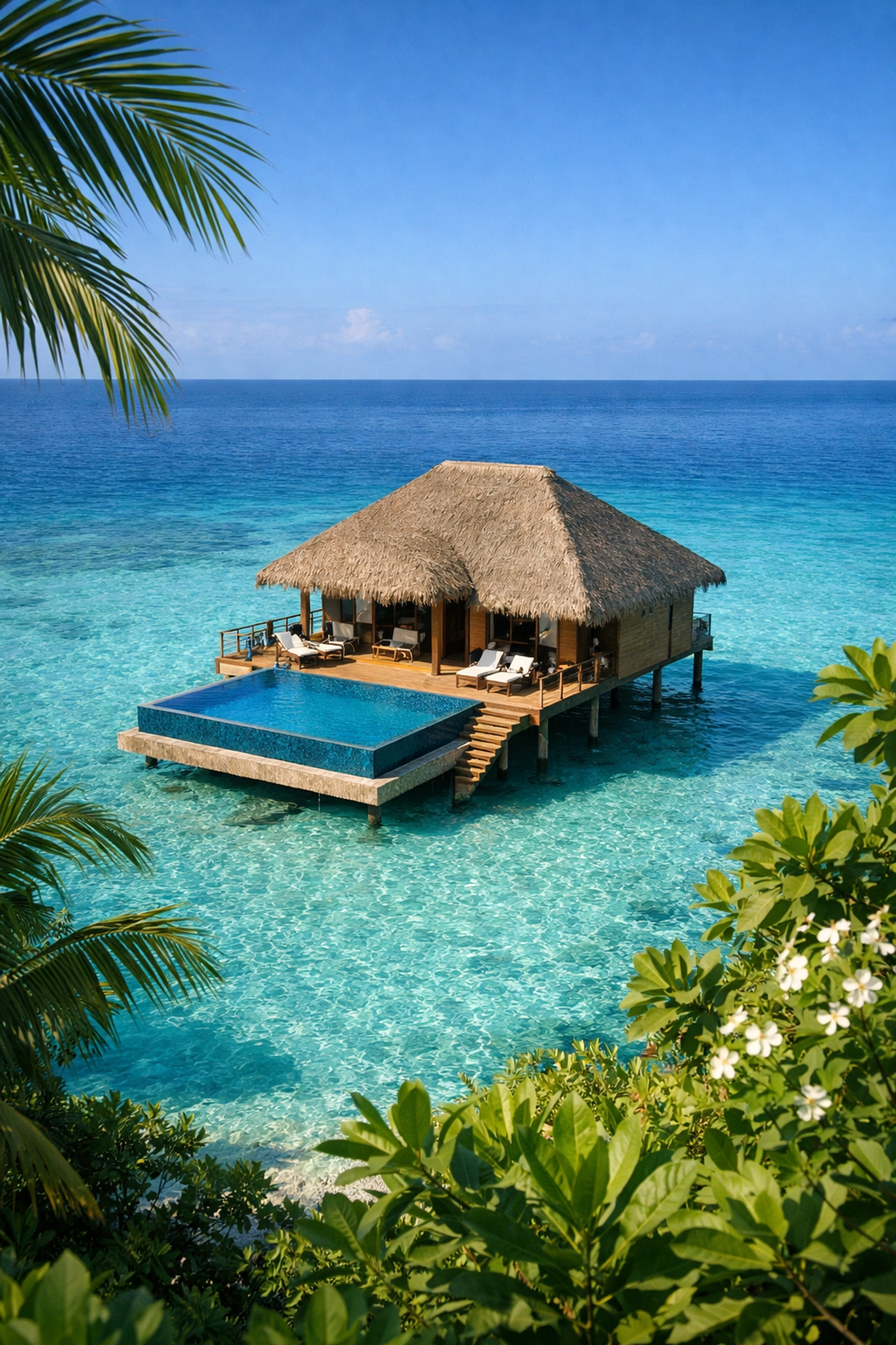 Secluded overwater villa at private island resort with infinity pool