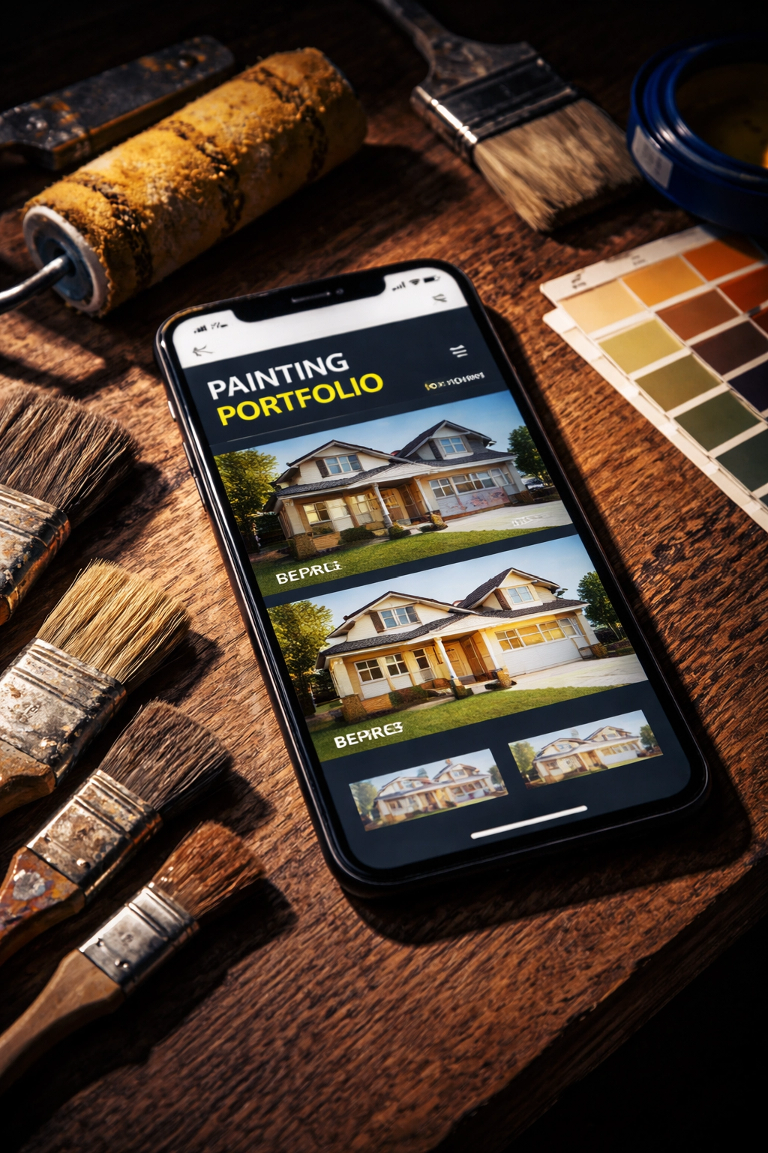 Smartphone showing a professional painting portfolio website with brushes and color swatches, emphasizing website optimization for painters.