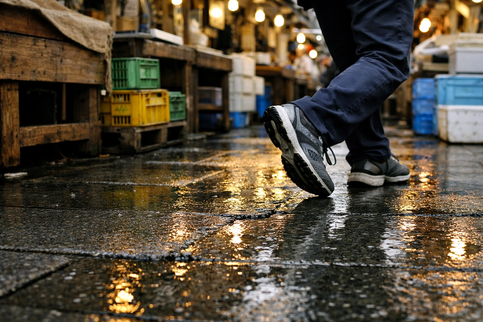 Walking on the wet pavement of Tsukiji market in practical shoes among seafood crates.