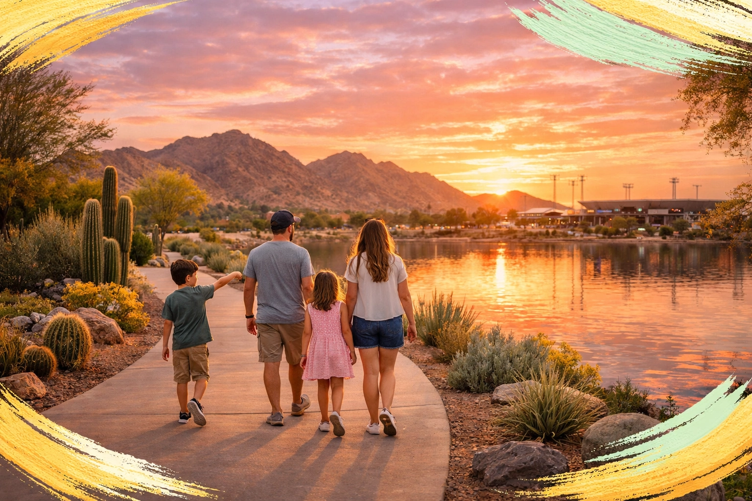 Family walking along lake trail at Camelback Ranch in Glendale Arizona Family walking along lake trail at Camelback Ranch in Glendale Arizona