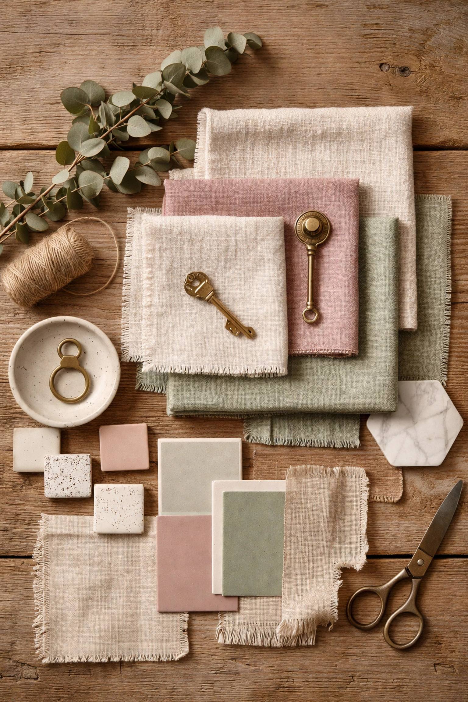 Flat-lay of fabric swatches, ceramics, and vintage accents for choosing a cohesive color palette in home decor design.