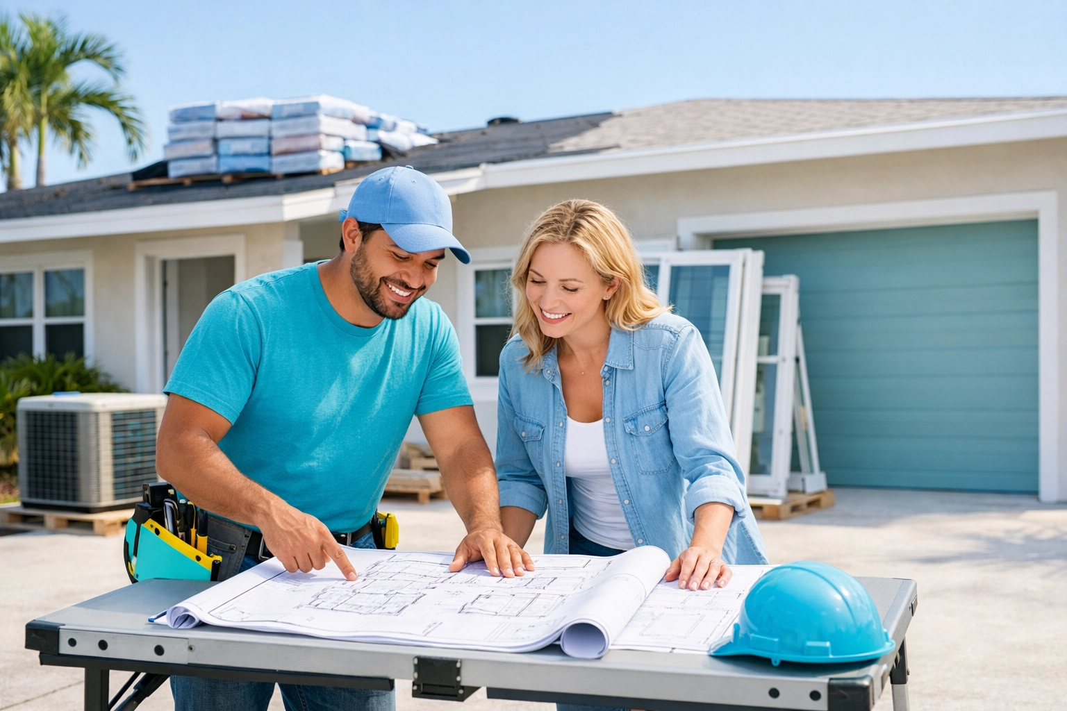 Contractor and homeowner reviewing blueprints for Florida construction permits and building code compliance.