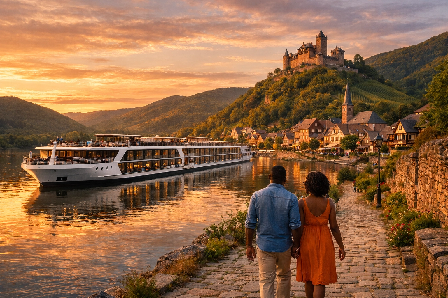 A couple explores a historic village during a luxury river cruise excursion on a custom trip.