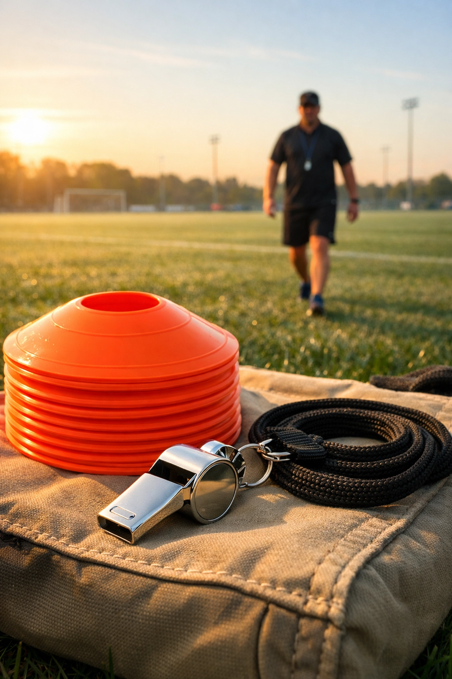 Essential coaches sports equipment including orange disc cones and a steel whistle on a training field.