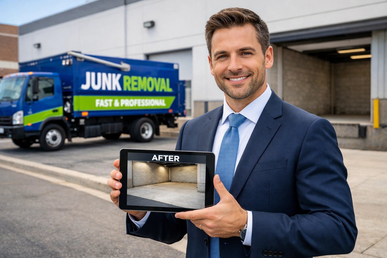 Professional waste management expert showing a cleared loading dock to a satisfied client at a Markham job site.