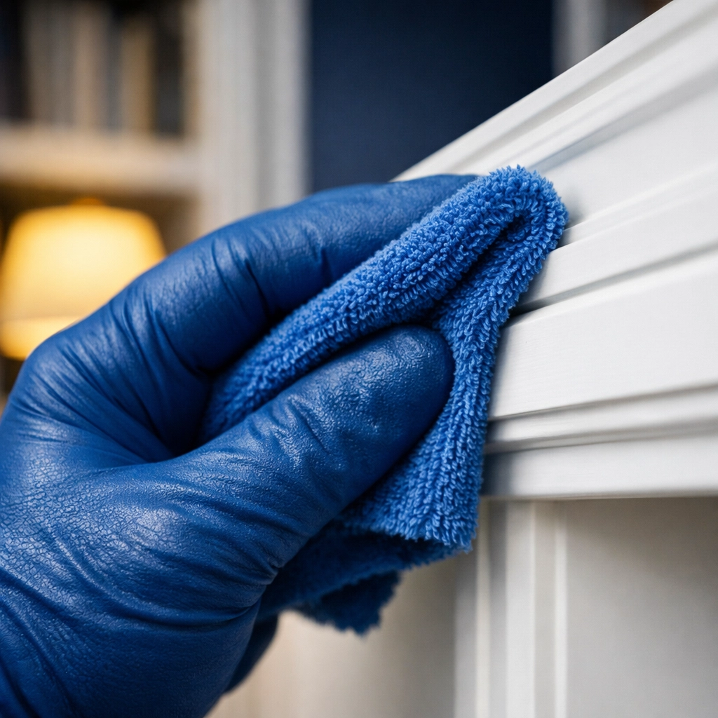 Detailed post construction cleaning in a Metro West South home using microfiber cloths for fine dust.