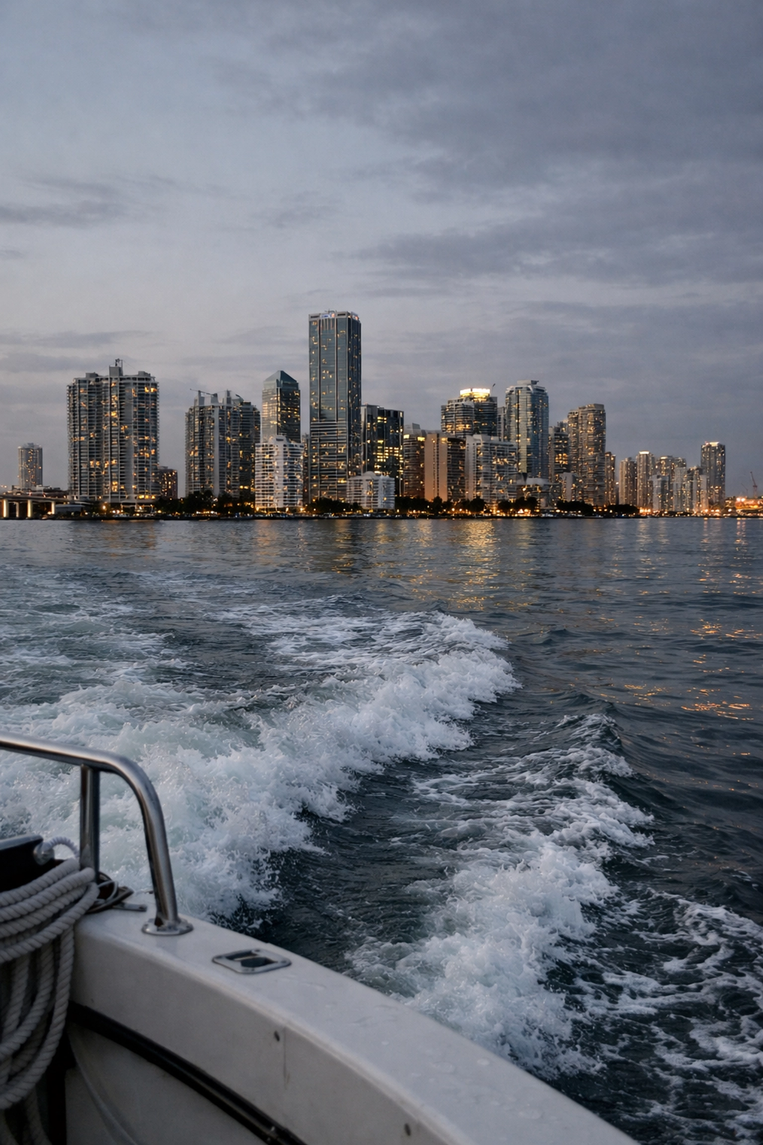 Modern Miami skyline view from Biscayne Bay at dusk, showcasing the city's coastal hidden gems.
