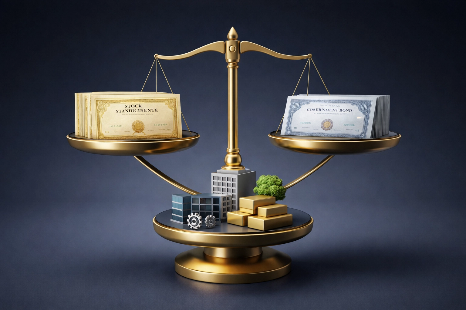 Balanced scale representing the 40/30/30 investment framework with stocks, bonds, and alternative assets for portfolio diversification