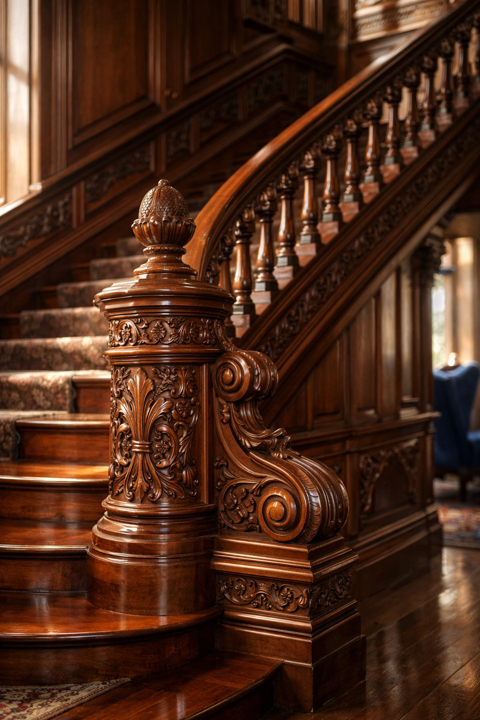 Ornate Victorian mahogany staircase in a Winchester home maintained with Winchester Luxury Cleaning.