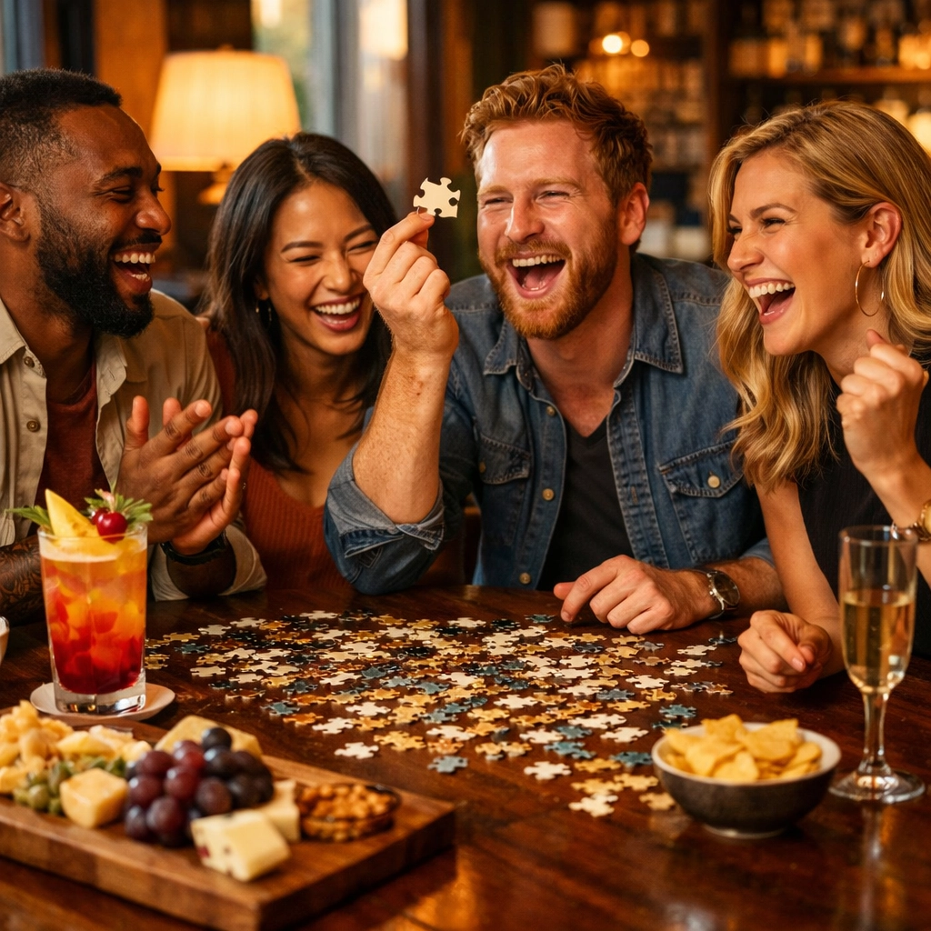 Friends laughing and solving a jigsaw puzzle together during a social Sip and CircZles party night.